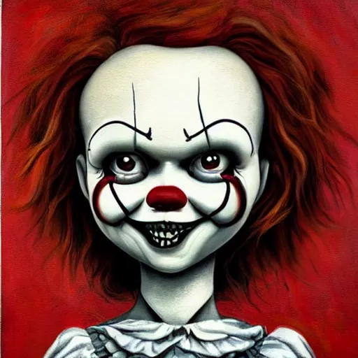 Image similar to grunge painting of anabelle with a wide smile and a red balloon by chris leib, loony toons style, pennywise style, corpse bride style, horror theme, detailed, elegant, intricate