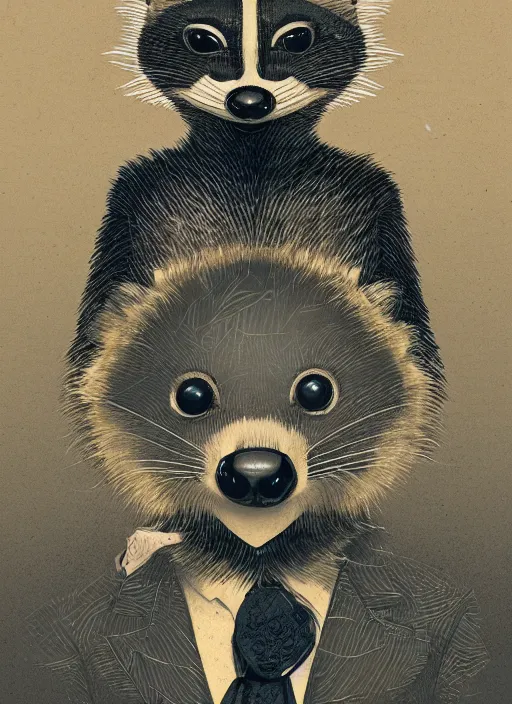 Image similar to an illustration portrait of an anthropomorphic raccoon mob boss, by victo ngai, by stephen gammell, by george ault, in the style of animal crossing, artstation