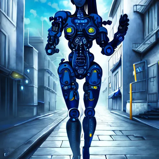 Image similar to cyborg - girl breaking into pieces as it walks down a street, highly detailed, painting, dark blue and black color palette, intricate, high quality anime artstyle,