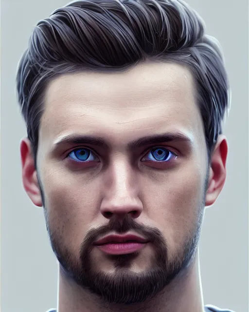 Image similar to portrait of a man in his mid - twenties with dull blue eyes, short dark blond hair, short goatee, ultra realistic, epic, highly detailed, hd, sharp focus, cinematic lighting, realistic, dreamy, vivid colors, dreary, morose, matt painting, digital art, non blurry, sharp, artstation, concept art, smooth, illustration