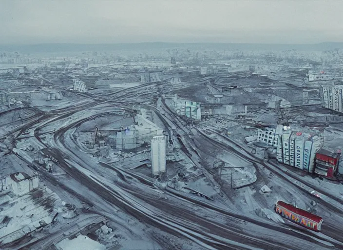 Image similar to cinematic shot of norilsk orbit city cityscape, telephoto, iconic scene from the paranoid thriller sci fi film directed by stanley kubrick, anamorphic cinematography, beautiful composition, color theory, leading lines, photorealistic, moody volumetric lighting