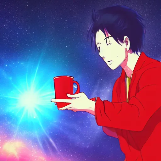 Image similar to A man drinking a cup of cosmic energy bright light by Masafumi Harada, 4k, digital art, surreal, anime style, Park Sung-woo Red Ice style