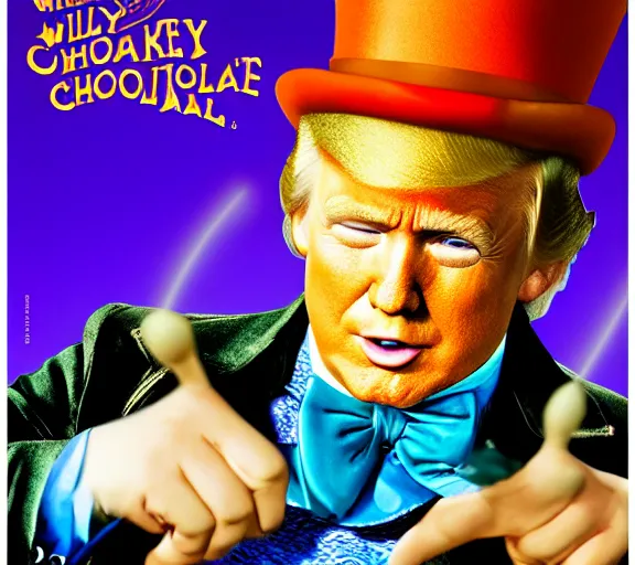 Prompt: willy wonka and the chocolate factory 1971 movie poster staring donald trump , XF IQ4, 150MP, 50mm, F1.4, ISO 200, 1/160s, natural light