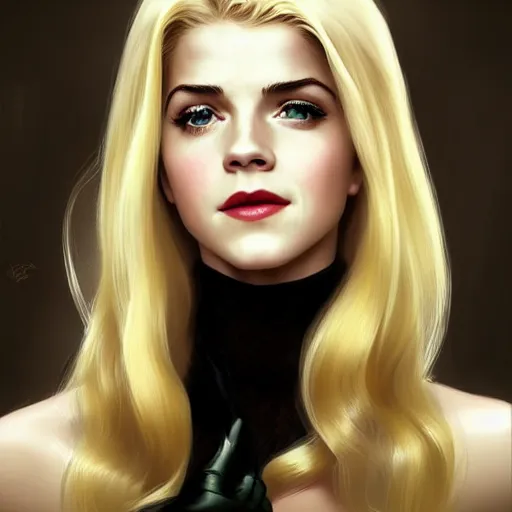 Image similar to A combination of Katheryn Winnick's and Grace Kelly's and Emma Watson's faces with blonde hair as Bat Girl, western, D&D, fantasy, intricate, elegant, highly detailed, digital painting, artstation, concept art, matte, sharp focus, illustration, art by Artgerm and Greg Rutkowski and Alphonse Mucha