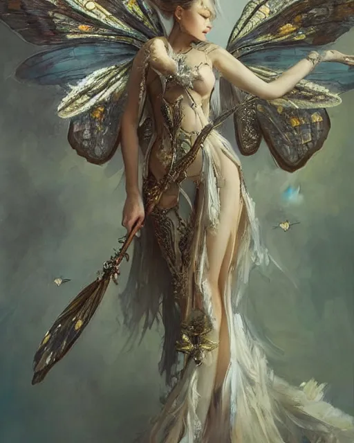 Image similar to Moth Fairy Maiden with large moth like wings wearing ornate dress by Ruan Jia and Andrei Riabovitchev, featured on Artstation, Hyperdetailed, stylized, realistic oil on linen, masterpiece, fantasy, dark academia