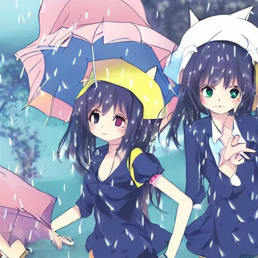 Image similar to key anime visual of a catgirls having fun together, ; rain falling; group shot; trending on Pixiv