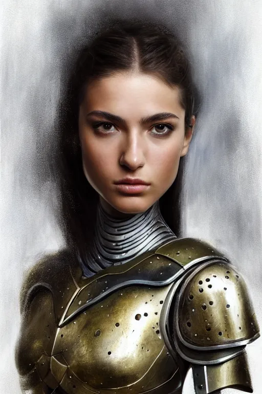 Image similar to a photorealistically painted portrait of an attractive young female, partially clothed in metal-plated battle armor, abstract background, flawless olive skin, fair complexion, long dark hair, beautiful bone structure, perfectly symmetric facial features, perfect photorealistic eyes, natural physique, intricate, elegant, digital painting, concept art, finely detailed, beautifully illustrated, sharp focus, minimal artifacts, from Metal Gear, by Ruan Jia and Mandy Jurgens and Artgerm and William-Adolphe Bouguerea, in the style of Greg Rutkowski, trending on Artstation, award winning art
