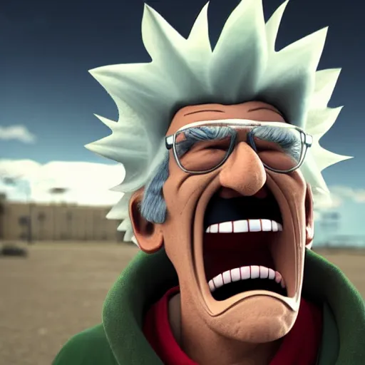 Image similar to photorealistic render of rick sanchez