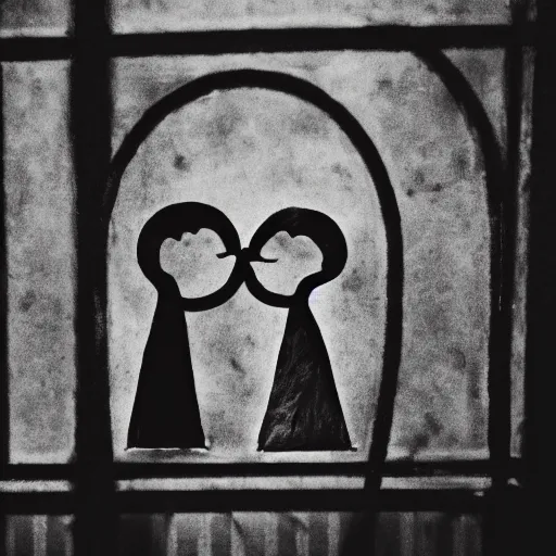 Image similar to two shadowy figures hugging each other, they are in a birdcage, paint is falling off, black and white, 5 0 mm, a dark photo