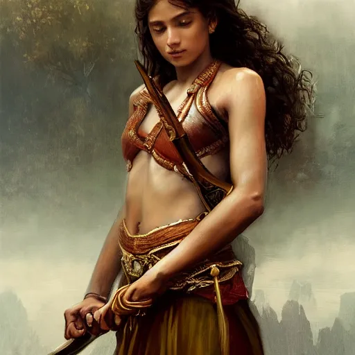 Image similar to artstation concept of a beautiful girl holding a sword in both hands, brown skin, symmetrical face, casual white garment, shiny colorful, hyperdetailed, artstation trending, world renowned artists, worth1000.com, historic artworks society, antique renewel, cgsociety, by greg rutkowski, by Gustave Dore, Deviantart