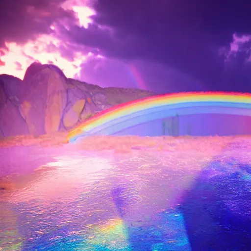 Image similar to god spills multicolored rainbow iridiscent water rivers from a sky, fantasic rain, render, octane render, 3 d, unreal engine, raytracing, 8 k