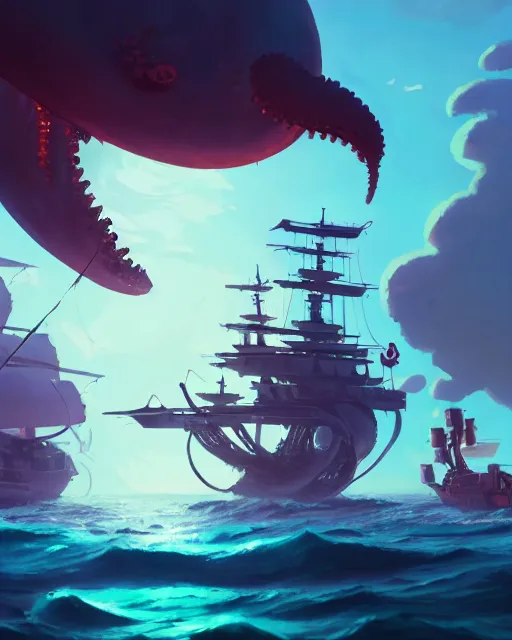 Image similar to a gigantic glowing kraken attacking a big pirate ship, deep water, cory loftis, james gilleard, atey ghailan, makoto shinkai, goro fujita, studio ghibli, rim light, exquisite lighting, clear focus, very coherent, plain background, soft painting