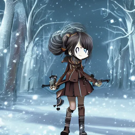 Prompt: anime girl with steampunk weapons and a robotic companion walking though a snowy tundra forest, extremely detailed, anime, anime background, intense, particles, cinematic lighting,