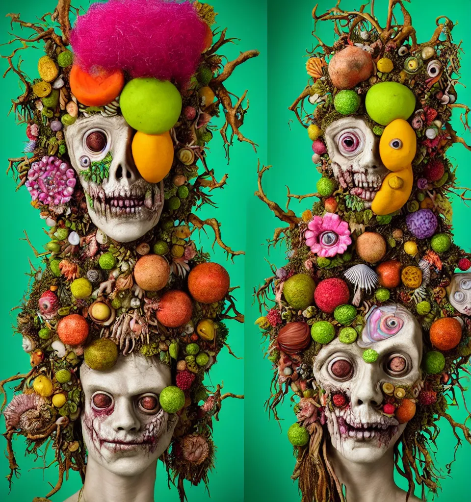 Prompt: headshot portrait of a trickster nature zombie, head made of fruit and flowers in the style of arcimboldo, fragonard, covered with tendrils roots and seashells, oil painting, ethereal, atmospheric lighting, action figure, clay sculpture, claymation, turquoise pink and green, botanical rainbow backdrop