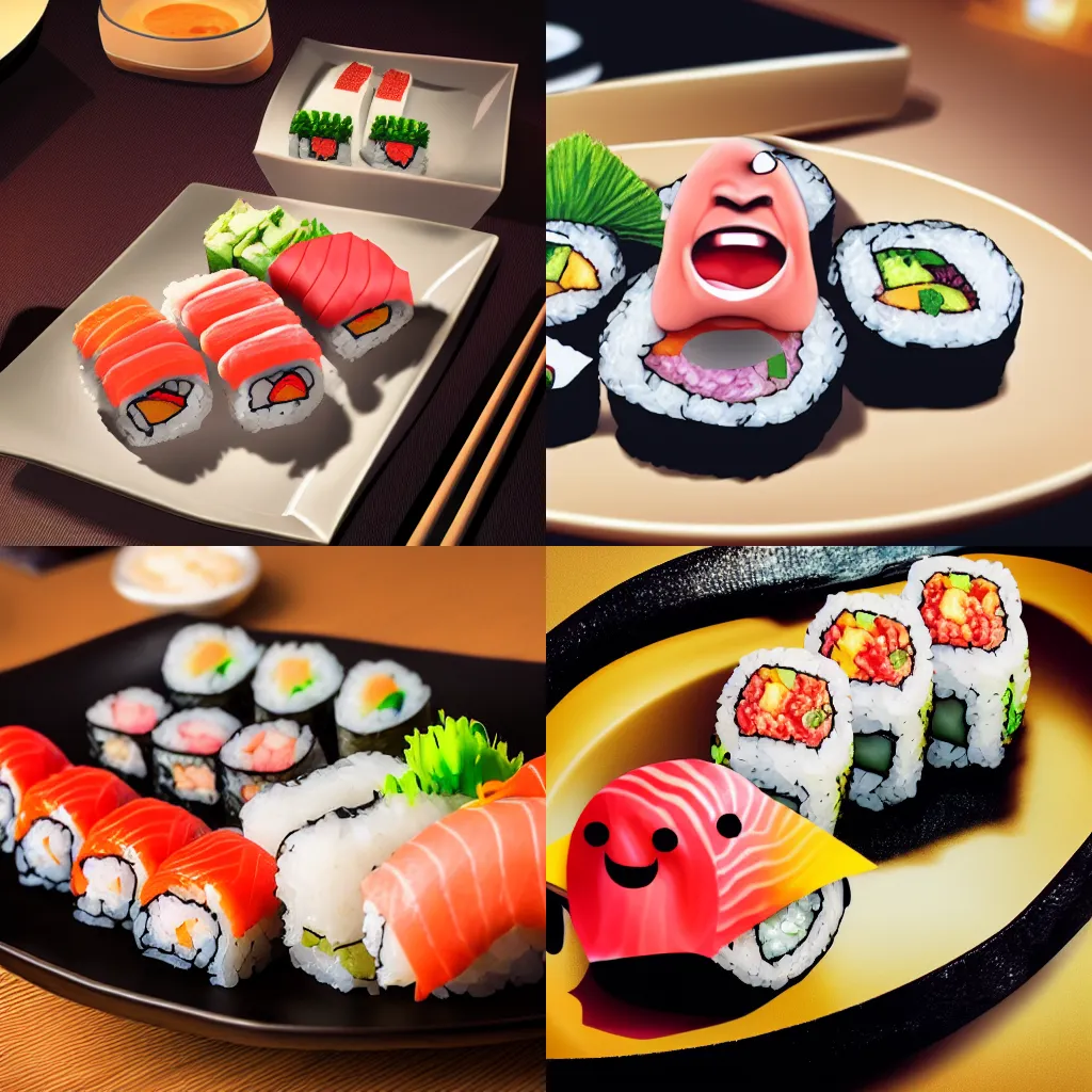 Prompt: a plate of sushi with a 3d screaming human face, stylized, on a reflective gold plate, mortified at its existence, screaming, caricature, California roll, hyper realistic, 4k, cinematic lighting, smooth, funny