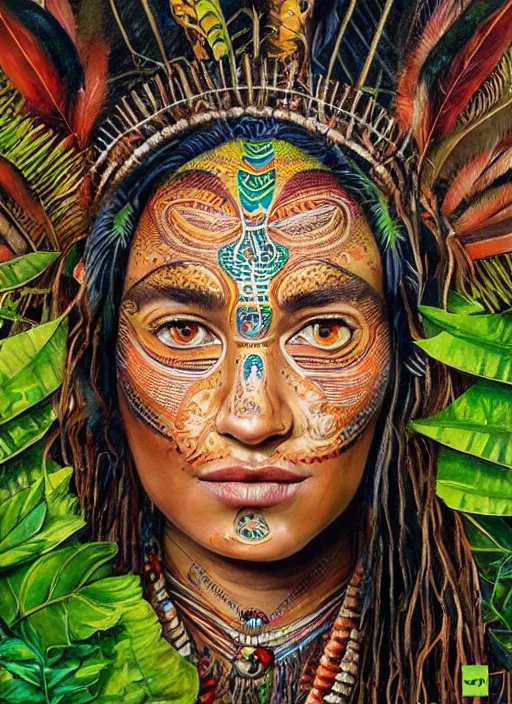 Prompt: a beautiful portrait of a beautiful female shaman healer with tribal paintings surrounded by leaves of jungle plants, ayahuasca, spiritual, high detail painting, fantasy art, highly detailed, realistic face