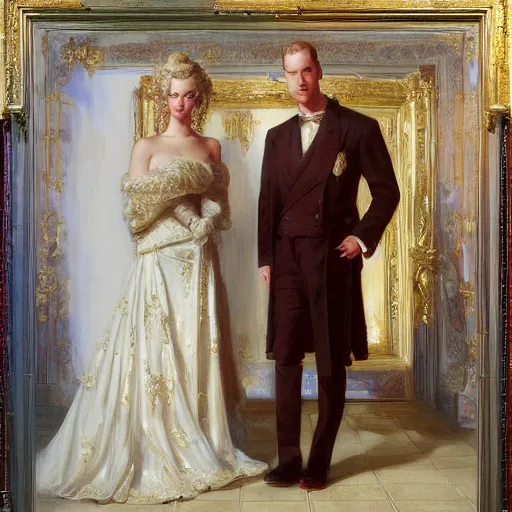 Image similar to painting of prince william marrying attractive marilyn monroe, painting at the victoria and albert museum, highly detailed painting by gaston bussiere, craig mullins, j. c. leyendecker 8 k