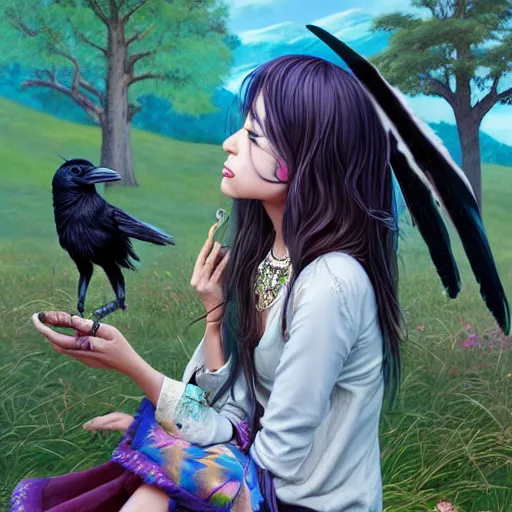 Image similar to n elderly indian don juan is sitting in a field with peyote and smoking a pipe, a raven walks next to him, by miho hirano, ross tran and ilya kuvshinov, realistic, detailed, beautiful fantasy detailed trending on artstation, oil painting, dramatic lighting, eterea, high quality print, fine art with subtle redshift rendering