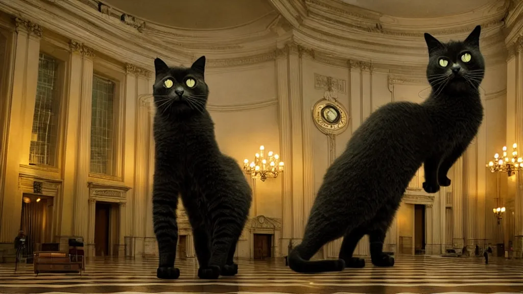 Prompt: the giant cat in city hall, film still from the movie directed by denis villeneuve and david cronenberg with art direction by salvador dali, wide lens