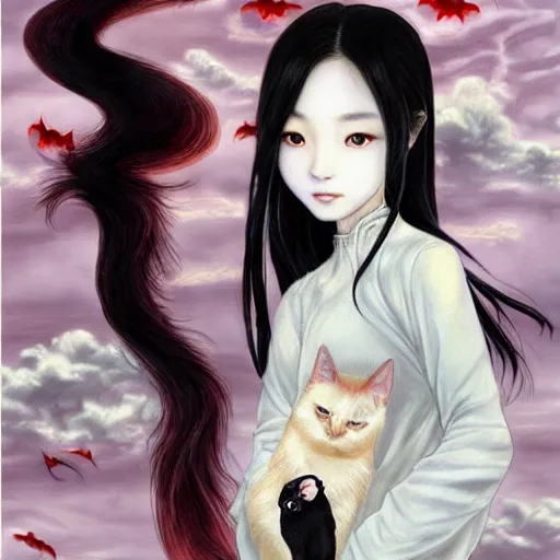 Image similar to style of Guo Hua ,young vampire and her black cat Portrait by Miho Hirano, full body , realistic, detailed, white, light pink tonalities, beautiful collage technique including clouds, sea, wind, ornate sea background, beautiful Fantasy detailed trending on artstation, oil painting,Dramatic lighting, eterea , high quality print, fine art with subtle redshift rendering