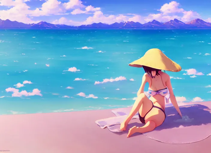 Prompt: a cute girl in a bikini and sunhat sitting on a towel on the beach, rocky mountains far in the distance, fluffy clouds on the horizon, by makoto shinkai an krenz cushart