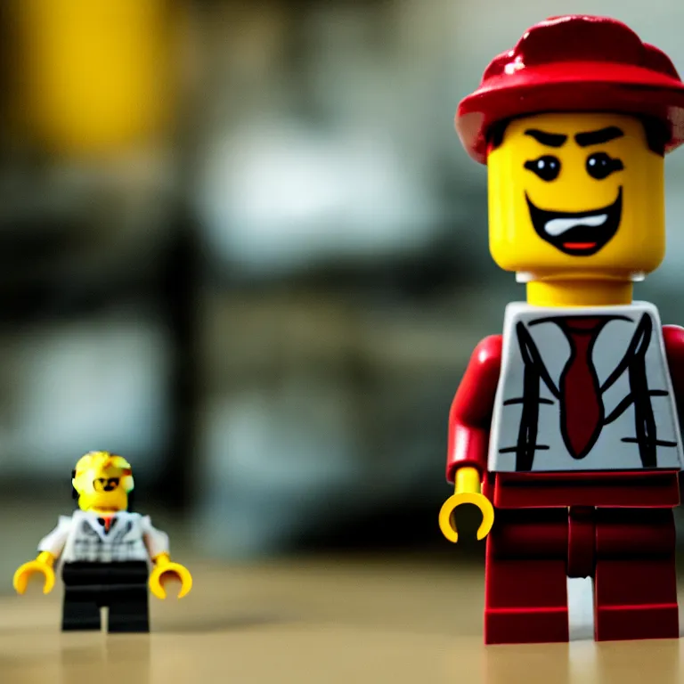 Image similar to a cinematic film still of a stop motion film starring bill murray as a lego fig, shallow depth of field, 8 0 mm, f 1. 8