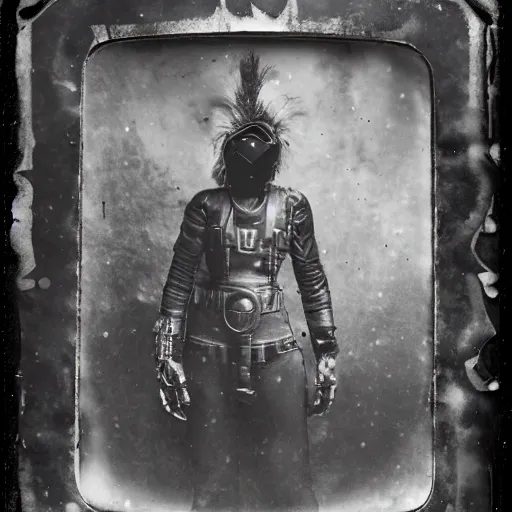 Image similar to tintype photographs of techno shamans, telepaths, dieselpunk cyborgs, masked heroes, irradiated humans, mystic mutates and monster hunters