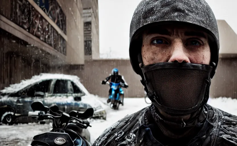 Prompt: cinestill 5 0 d candid photographic portrait by helen levitt of britt lower wearing rugged black mesh techwear on a dirtbike through an abandoned mall, extreme closeup, modern cyberpunk moody emotional cinematic, snow storm, 8 k, hd, high resolution, 3 5 mm, f / 3 2, ultra realistic faces, ex machina