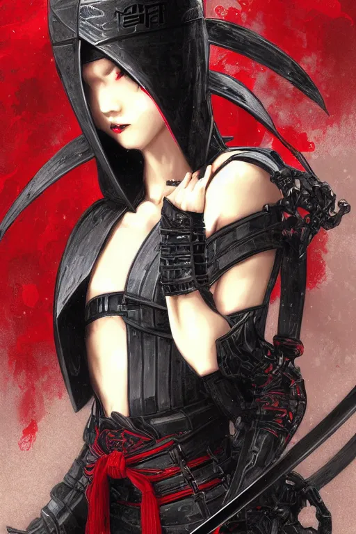 Image similar to portrait Ninja gaiden girl, armored black and red ninja wardrobe, in ruin japanese rainny temple night, ssci-fi and fantasy, intricate and very very beautiful and elegant, highly detailed, digital painting, artstation, concept art, smooth and sharp focus, illustration, art by tian zi and WLOP and alphonse mucha