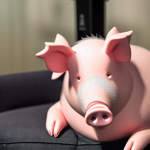 Image similar to photo of a pig sitting in a gaming chair next, taken with canon eos - 1 d x mark iii, bokeh, sunlight, studio 4 k