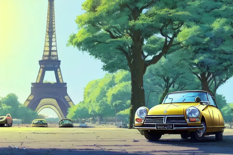 Image similar to a wholesome animation key shot of!! one!! focused! 1 9 7 4 citroen ds! in a tree lined paris street, view of eiffel tower, medium shot, studio ghibli, pixar and disney animation, sharp, very detailed, high resolution, rendered in unreal engine 5, anime key art by greg rutkowski, bloom, dramatic lighting