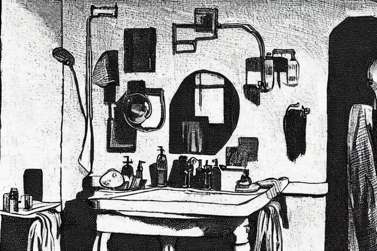 Prompt: bathroom scene from the book named day of the oprichnik, sorokin