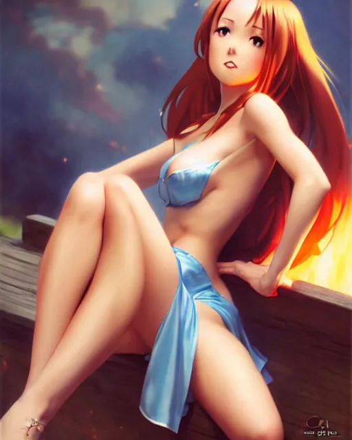 Image similar to pinup photo of asuna from sao, hot asuna by, by greg rutkowski, gil elvgren, glossy skin, pearlescent, anime, maxim magazine,