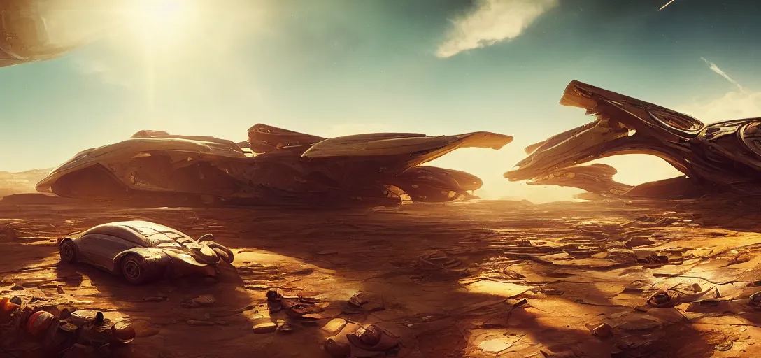 Image similar to view from the desert ground of a giant crashed wrecked spaceship, light rays, symmetry, cinematic lighting, ultra detailed, sharp, ambient occlusion, bloom, raytracing, by greg rutowski, finnian macmanus and jessica rossier