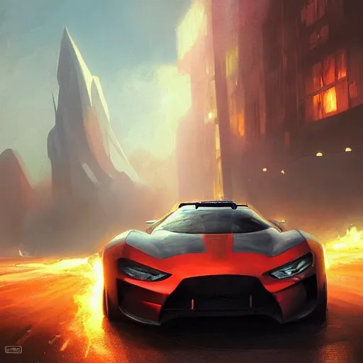 Image similar to ultra realistic illustration, a sportscar on fire, highly detailed, digital painting, artstation, concept art, smooth, sharp focus, illustration, art by artgerm and greg rutkowski and alphonse mucha