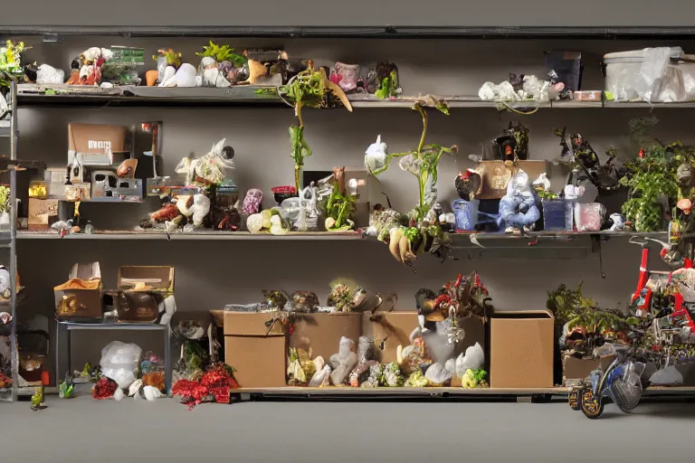 Image similar to garage with carnivorous plants on the shelves and packing peanuts on the floor, scene from tv show hyper detailed 5 5 mm 8 5 mm, low - light photography by tyler mitchell, made out of plastic