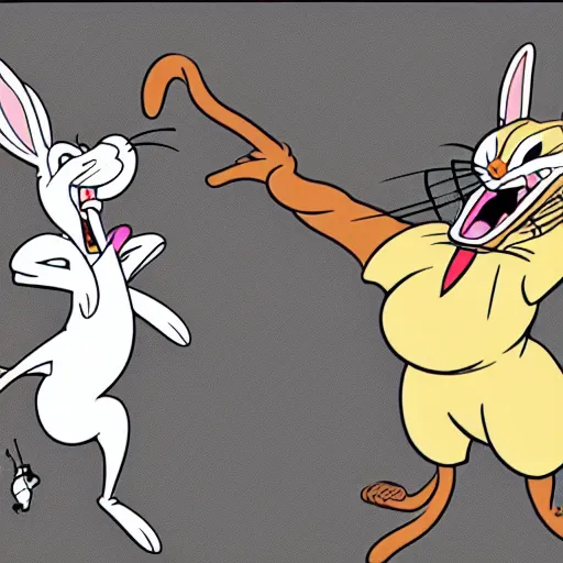 Image similar to bugs bunny being eaten by a mountain lion, animated, old cartoon style