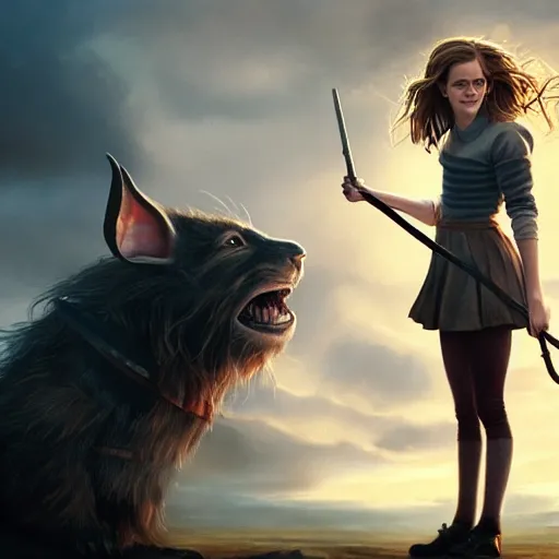 Prompt: emma watson as hermione granger smiling, standing in front of a giant mouse, holding the elder wand, digital art by greg rutkowski, artstation, sharp focus, intricate, detailed, but as photography by steve mccurry