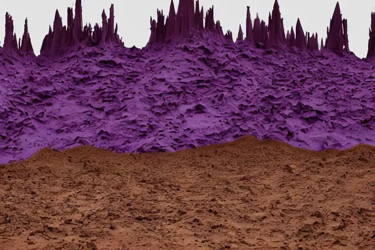 Image similar to purple hills made of liquid melted wax paper and red brutalist desert gothic cathedral