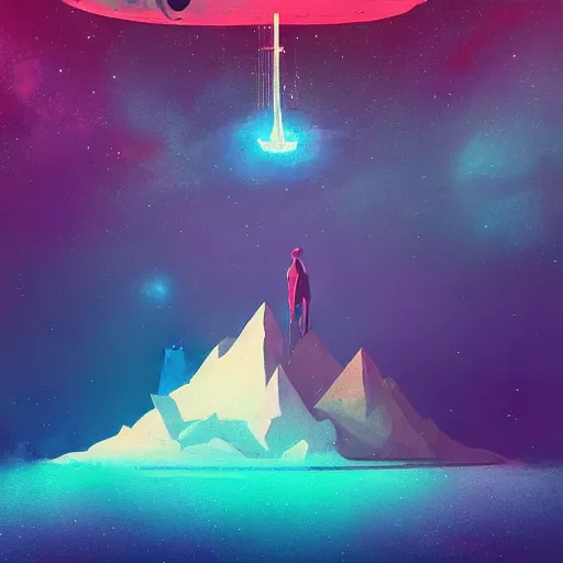 Prompt: a floating island in space, water flowing, surrounded by nebula, by alena aenami