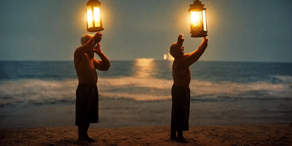 Image similar to film still of closeup old man holding up lantern by his beach hut at night. pirate ship in the ocean by emmanuel lubezki