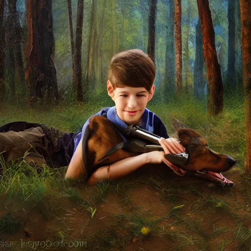 Image similar to a boy dreaming in bed, surrounded by a forest, with his trusty hunting dog and rifle, digital painting, photo - realism, sharp focus