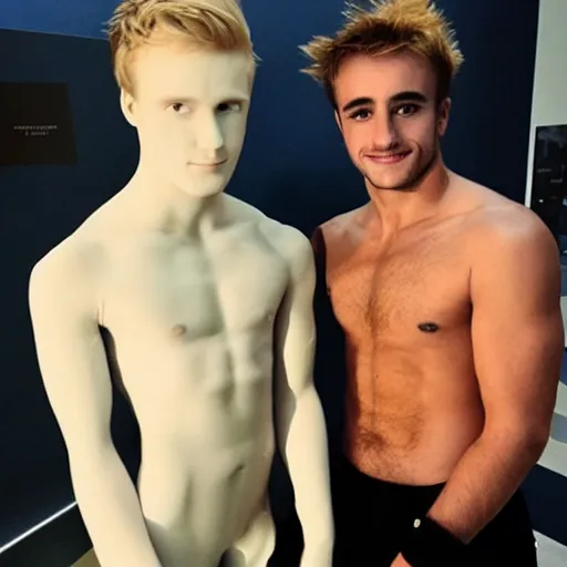 Image similar to “a realistic detailed photo of a guy who is an attractive humanoid who is half robot and half humanoid, who is a male android, British diver Jack Laugher & Chris Mears, shiny skin, posing like a statue, blank stare, at the museum, on display”