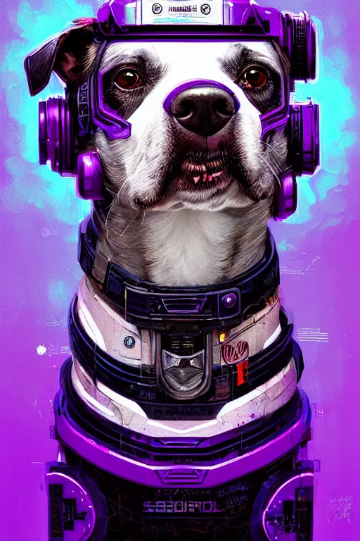 Image similar to a beautiful portrait of a cute cyberpunk dog by sandra chevrier and greg rutkowski and wlop, purple blue color scheme, high key lighting, volumetric light, digital art, highly detailed, fine detail, intricate, ornate, complex, octane render, unreal engine, photorealistic