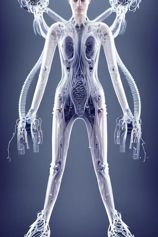 Image similar to iris van herpen, perfect symmetrical body, full body shot, inflateble shapes, wires, tubes, veins, jellyfish, white biomechanical details, wearing epic bionic cyborg implants, masterpiece, intricate, biopunk, vogue, highly detailed, artstation, concept art, cyberpunk, octane render