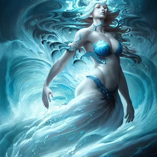 Image similar to powerful goddess of water clothed in swirling water striding through a stormy sea, highly detailed matte fantasy painting, stormy lighting, by Ross Tran and Artgerm and Peter Mohrbacher