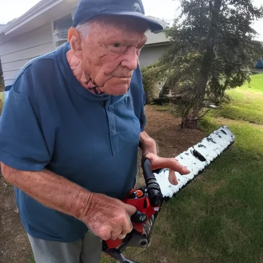 Image similar to photo of my grandfather accidentally taking a selfie with the front camera while trying to start the chainsaw but it never starts the first time so he is angry