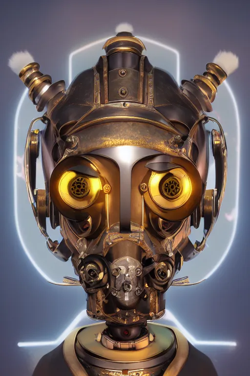 Image similar to steampunk mask minimalist fantasy art robot ninja helmet, global illumination ray tracing hdr fanart arstation by sung choi and eric pfeiffer and gabriel garza and casper konefal radiating a glowing aura