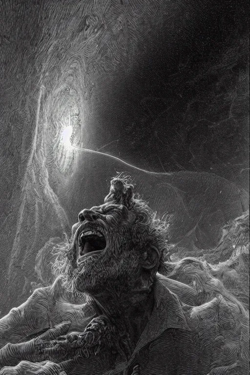 Image similar to an old man screams and a tornado comes out of his mouth by artgem and les edwards, gustave dore, highly detailed, high contrast, light reflection, trippy, nebula, trending on artstation