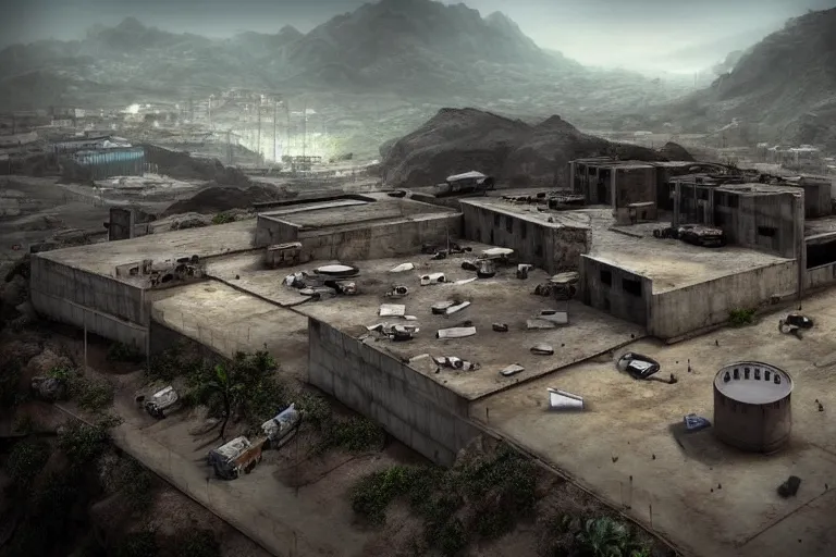 Image similar to favela hospital hangar bunker, desert environment, industrial factory, cliffs, gloomy, milky way, award winning art, epic dreamlike fantasy landscape, ultra realistic,